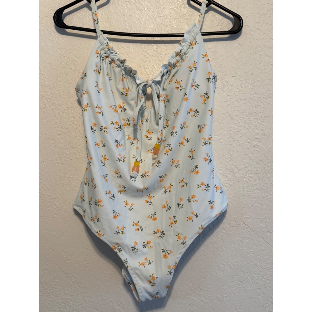 Aerie Floral Ruffle One Piece Swimsuit Light Blue Orange Beaded Tie Scoop Back
